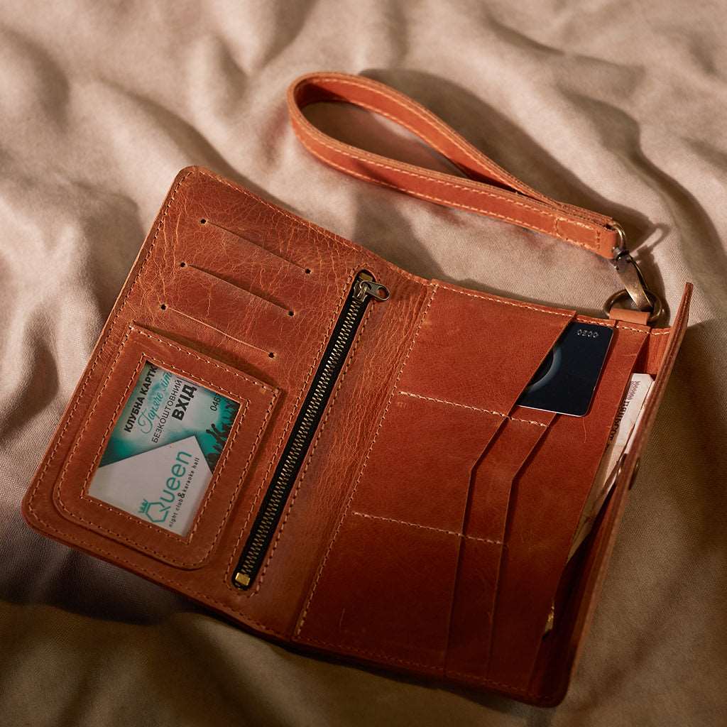 Big Power leather wallet with a hand strap